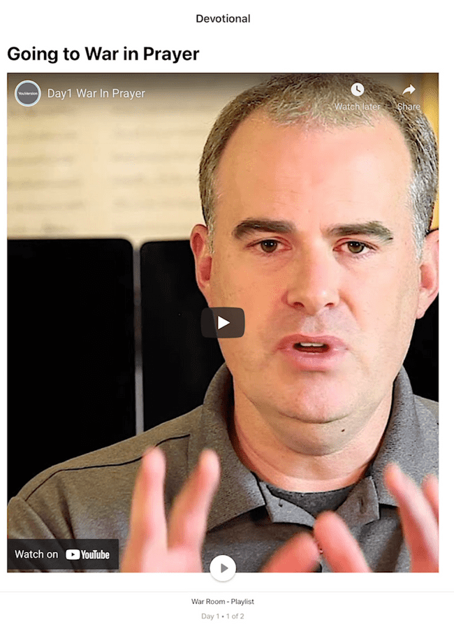 ChristianBytes.com - YouVersion Bible App showing a devotional video from the <ArticleLinks link="movieWarRoom" /> movie 6-day devotional on iPad