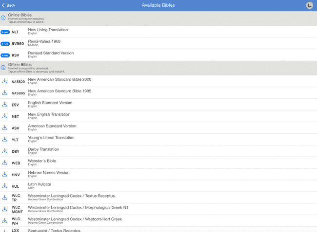 ChristianBytes.com - Blue Letter Bible App showing Bible translations selection screen