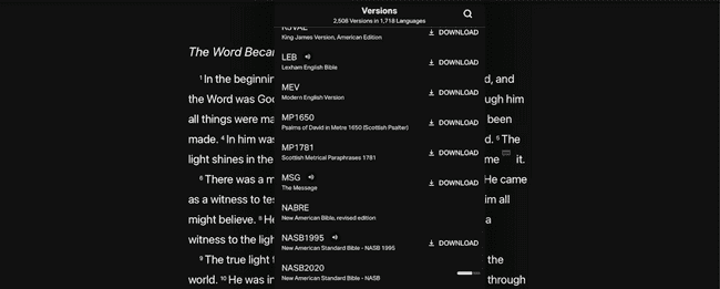 ChristianBytes.com - YouVersion Bible App showing Bible translations selection screen